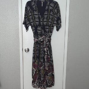 Free People Black Mixed-Print Midi Wrap Dress